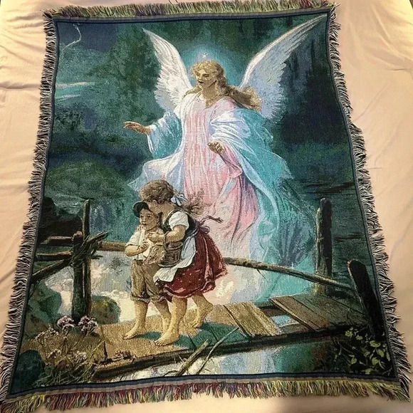 Guardian Angel & Children Crossing River Tapestry Throw 54"×48" Cotton Blend - Picture 1 of 3